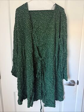 Green Polka Dot Mini Dress 100% Viscose Tie Waist Long Sleeve Size XL